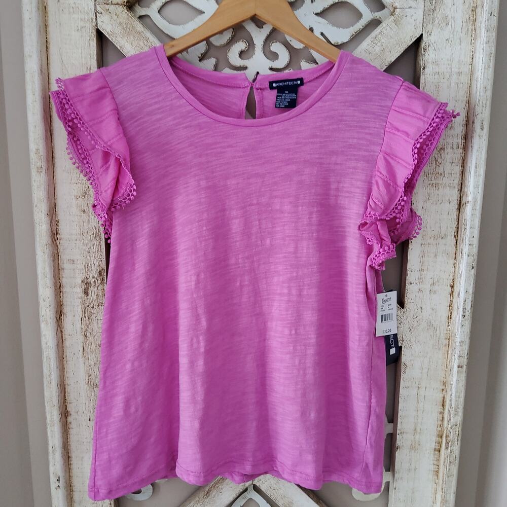 Architect Women's XL Cap Sleeve Ruffle Lightweight Textured Top T-shirt in Pink